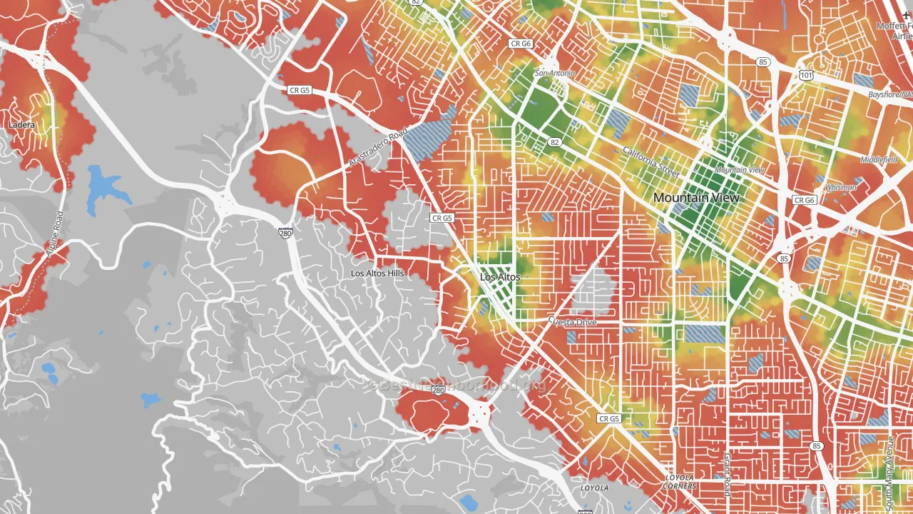 Walk Grade map of 94022, CA, walkable areas in green and car-dependent areas in red