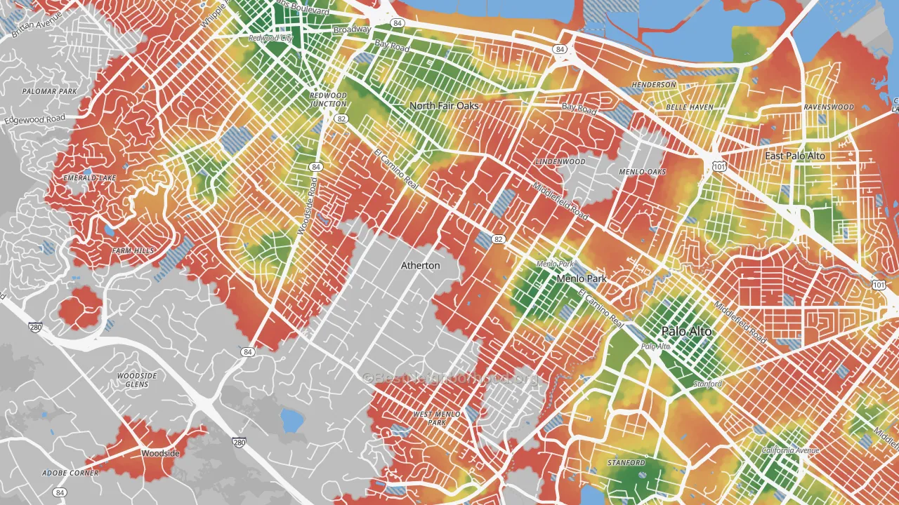 Walk Grade map of 94027, CA, walkable areas in green and car-dependent areas in red