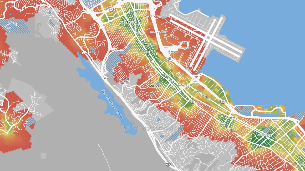 Walk Grade map of 94030, CA, walkable areas in green and car-dependent areas in red