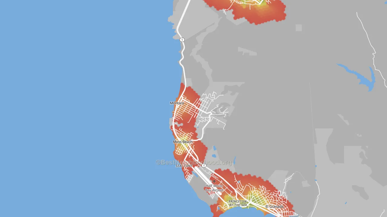Walk Grade map of 94037, CA, walkable areas in green and car-dependent areas in red
