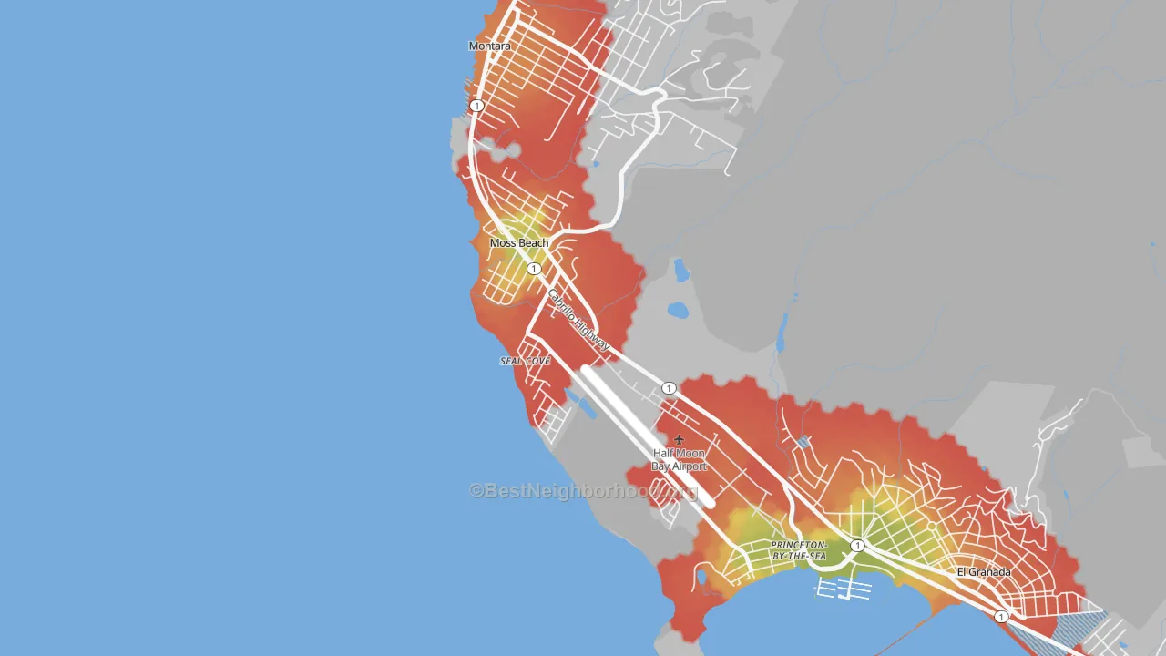 Walk Grade map of 94038, CA, walkable areas in green and car-dependent areas in red