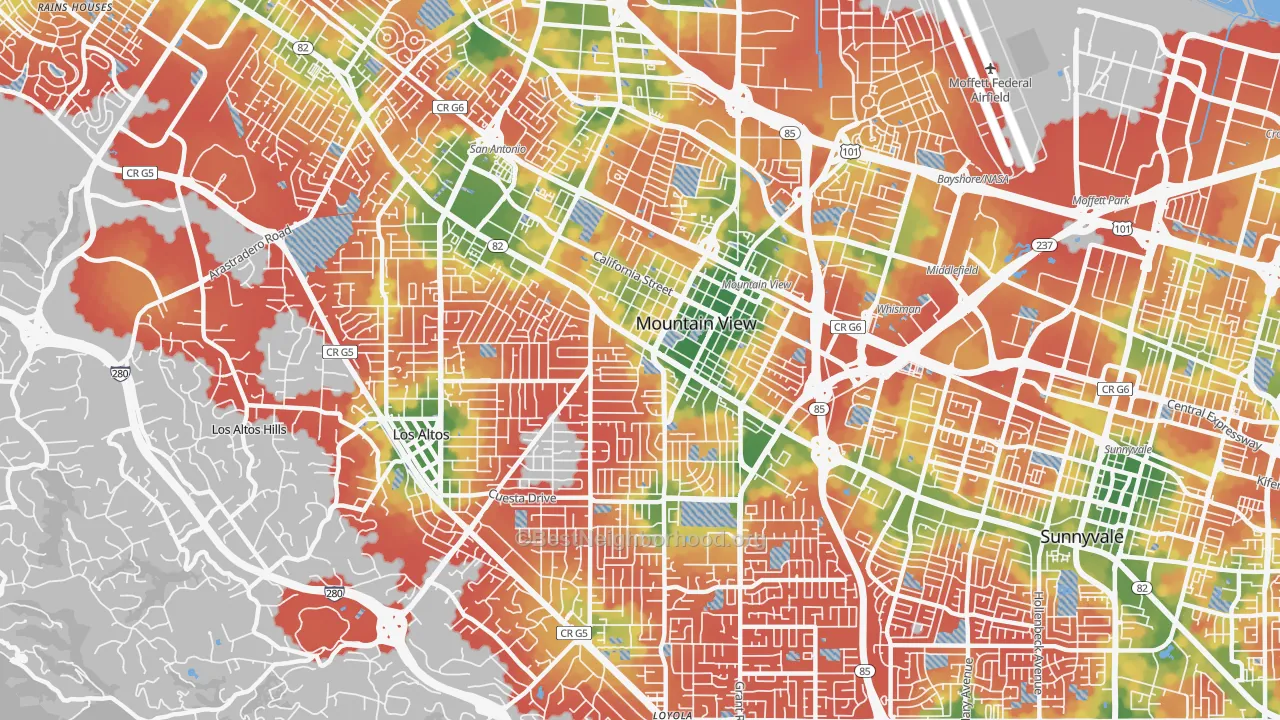 Walk Grade map of 94040, CA, walkable areas in green and car-dependent areas in red