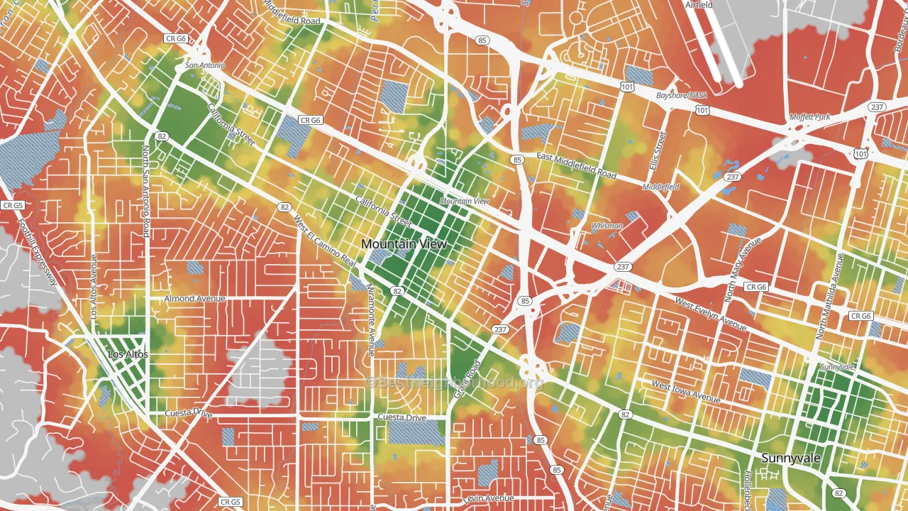 Walk Grade map of 94041, CA, walkable areas in green and car-dependent areas in red
