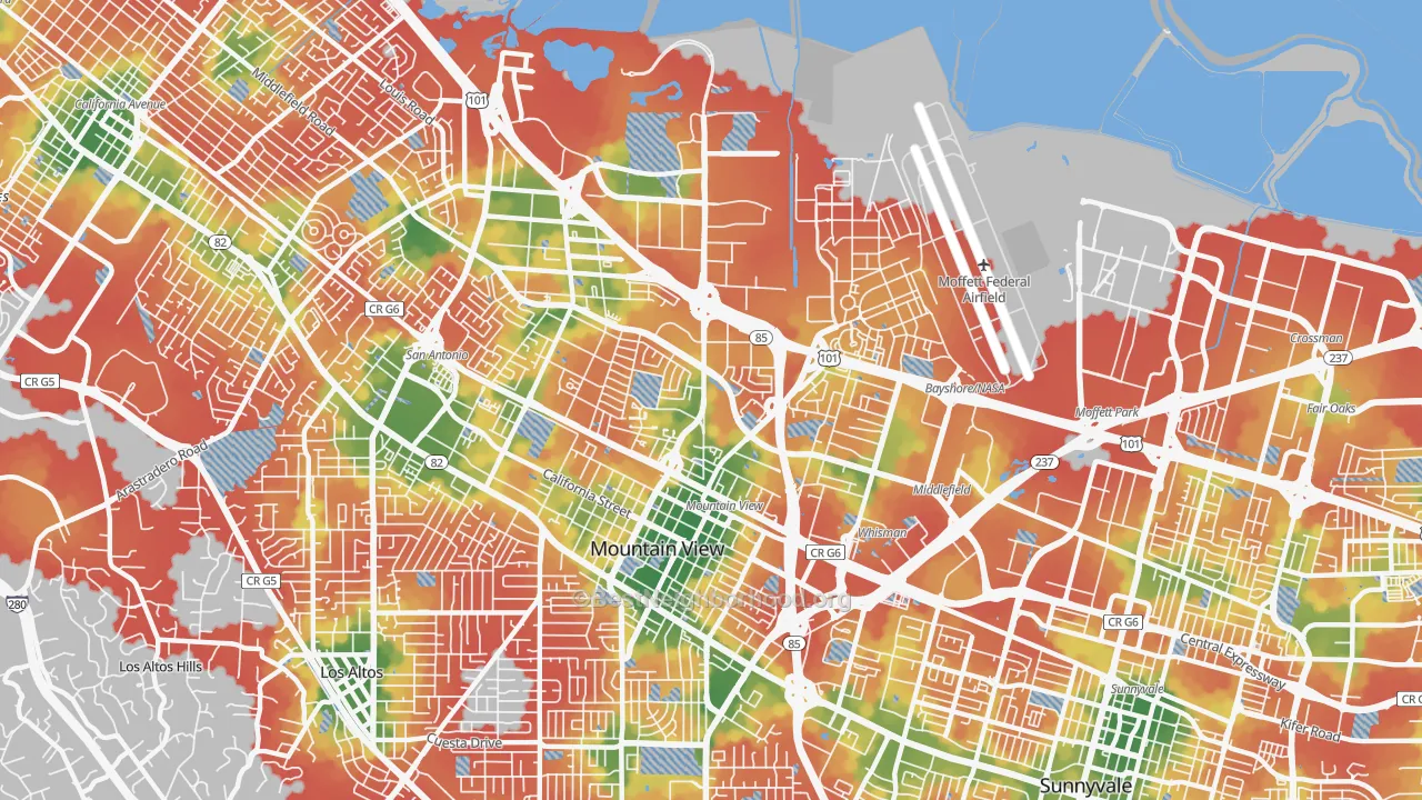 Walk Grade map of 94043, CA, walkable areas in green and car-dependent areas in red