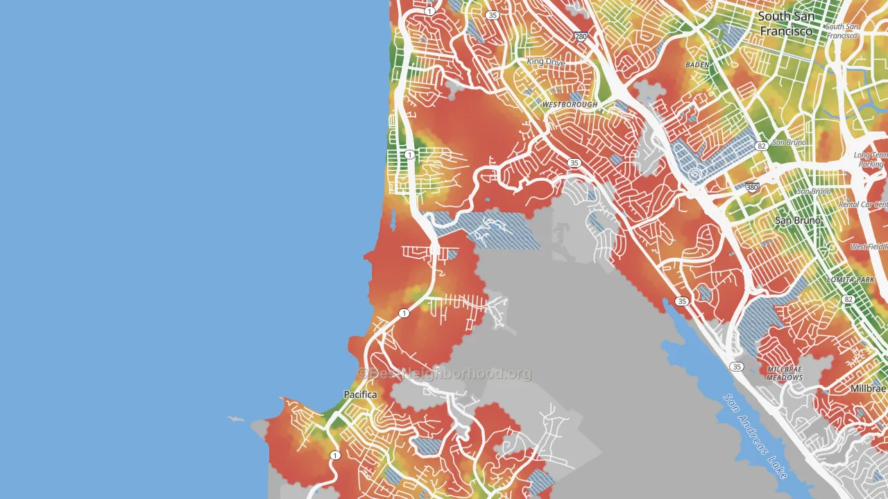 Walk Grade map of 94044, CA, walkable areas in green and car-dependent areas in red