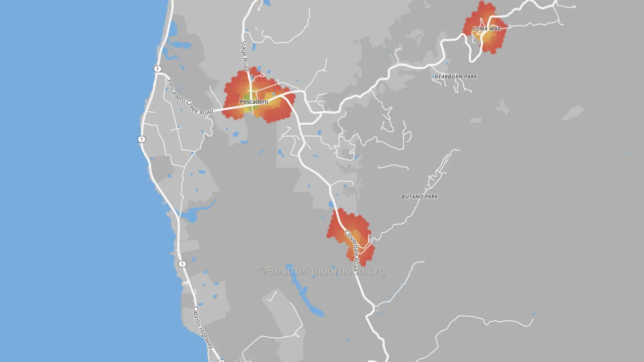 Walk Grade map of 94060, CA, walkable areas in green and car-dependent areas in red