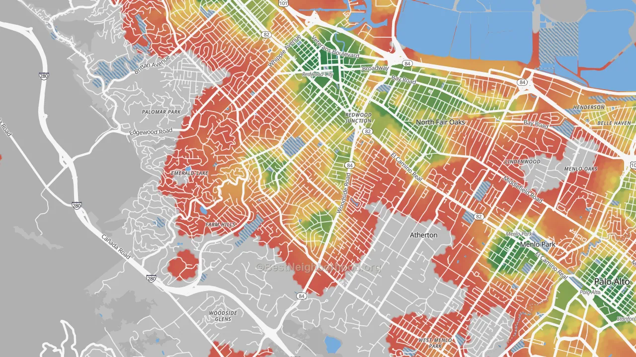 Walk Grade map of 94061, CA, walkable areas in green and car-dependent areas in red