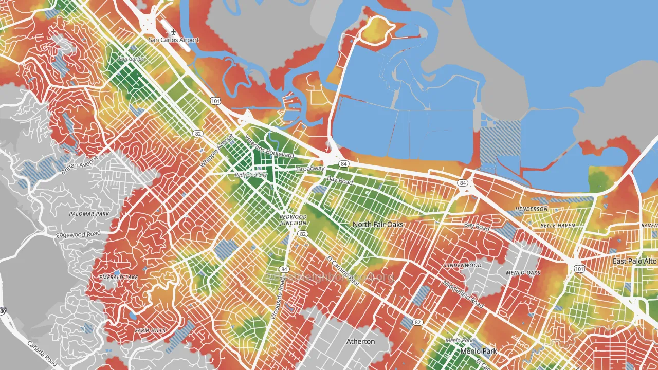 Walk Grade map of 94063, CA, walkable areas in green and car-dependent areas in red