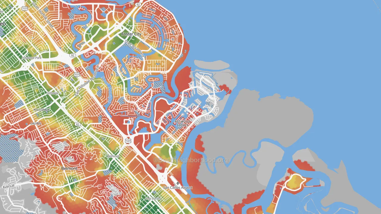 Walk Grade map of 94065, CA, walkable areas in green and car-dependent areas in red