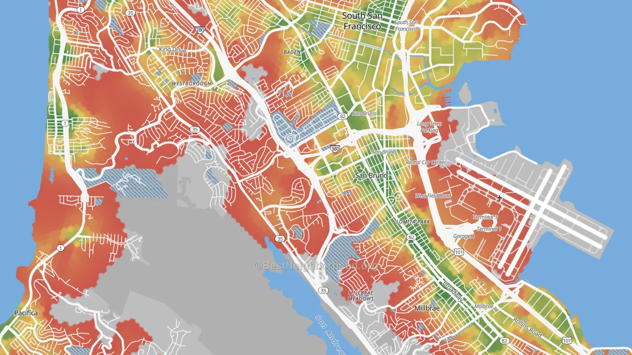 Walk Grade map of 94066, CA, walkable areas in green and car-dependent areas in red