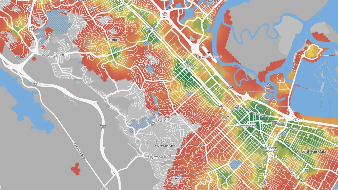 Walk Grade map of 94070, CA, walkable areas in green and car-dependent areas in red