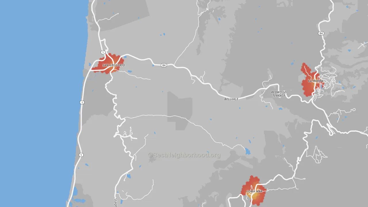Walk Grade map of 94074, CA, walkable areas in green and car-dependent areas in red