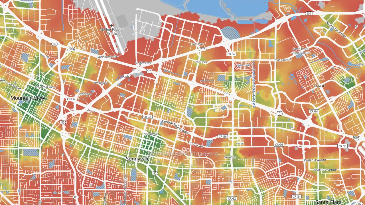 Walk Grade map of 94085, CA, walkable areas in green and car-dependent areas in red