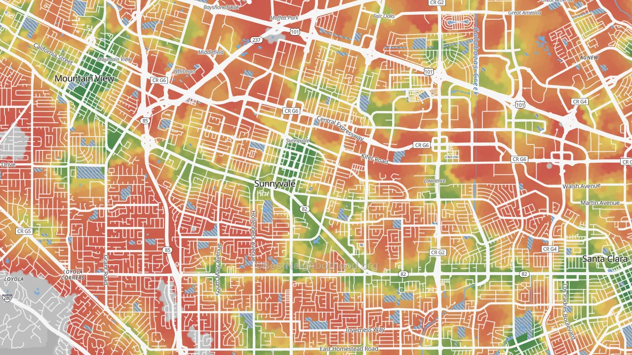 Walk Grade map of 94086, CA, walkable areas in green and car-dependent areas in red