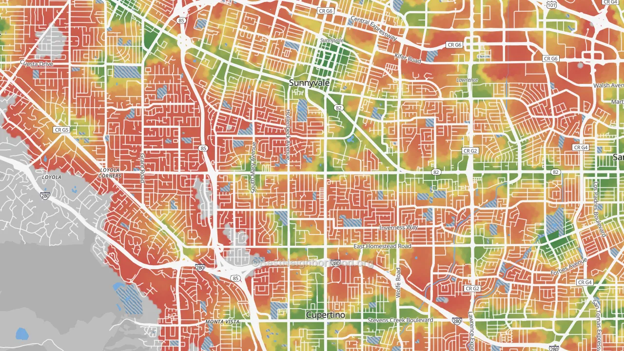 Walk Grade map of 94087, CA, walkable areas in green and car-dependent areas in red
