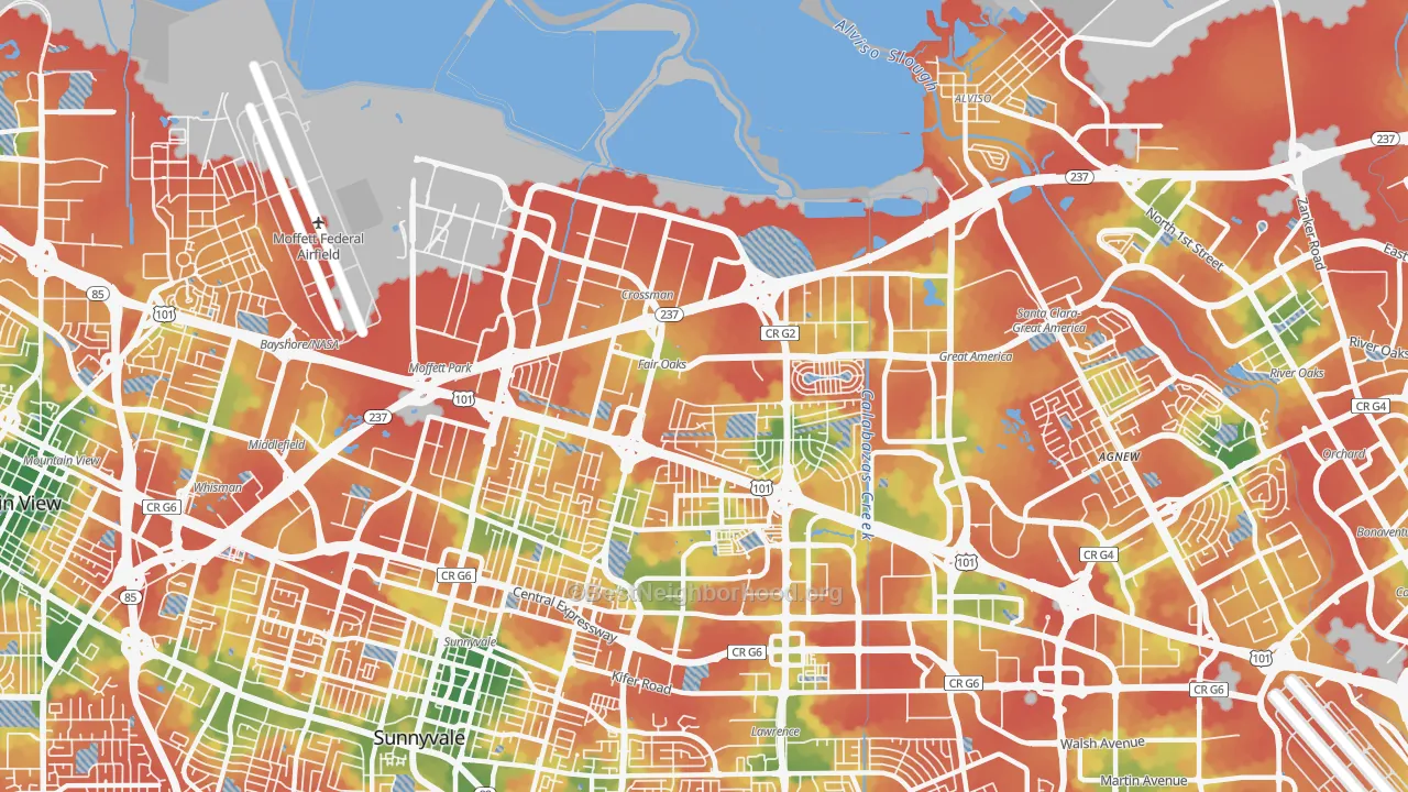 Walk Grade map of 94089, CA, walkable areas in green and car-dependent areas in red