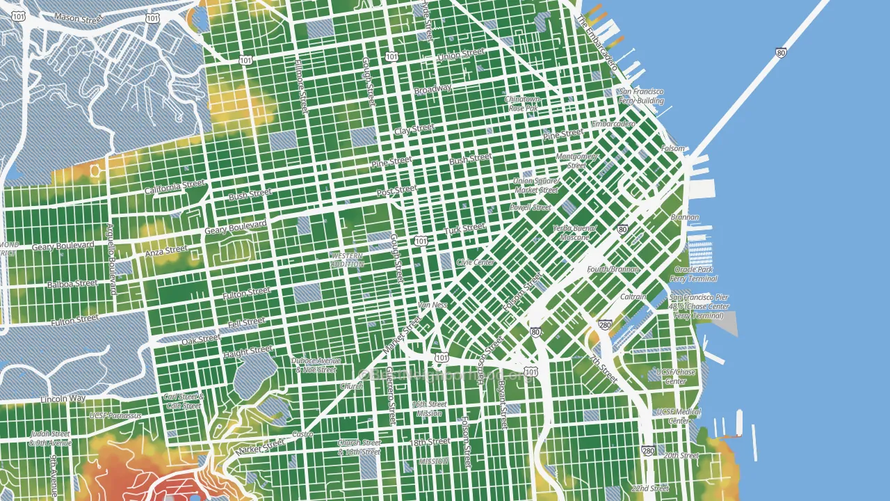 Walk Grade map of 94102, CA, walkable areas in green and car-dependent areas in red