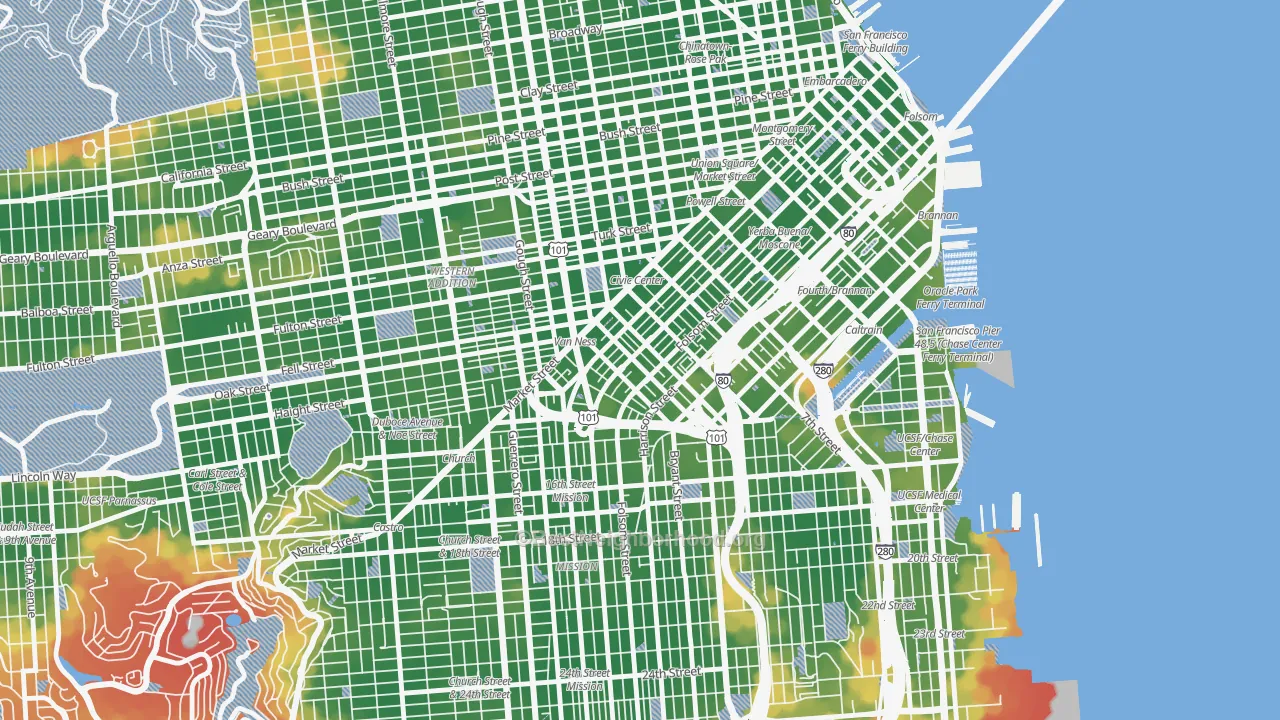 Walk Grade map of 94103, CA, walkable areas in green and car-dependent areas in red