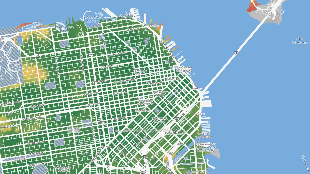 Walk Grade map of 94104, CA, walkable areas in green and car-dependent areas in red