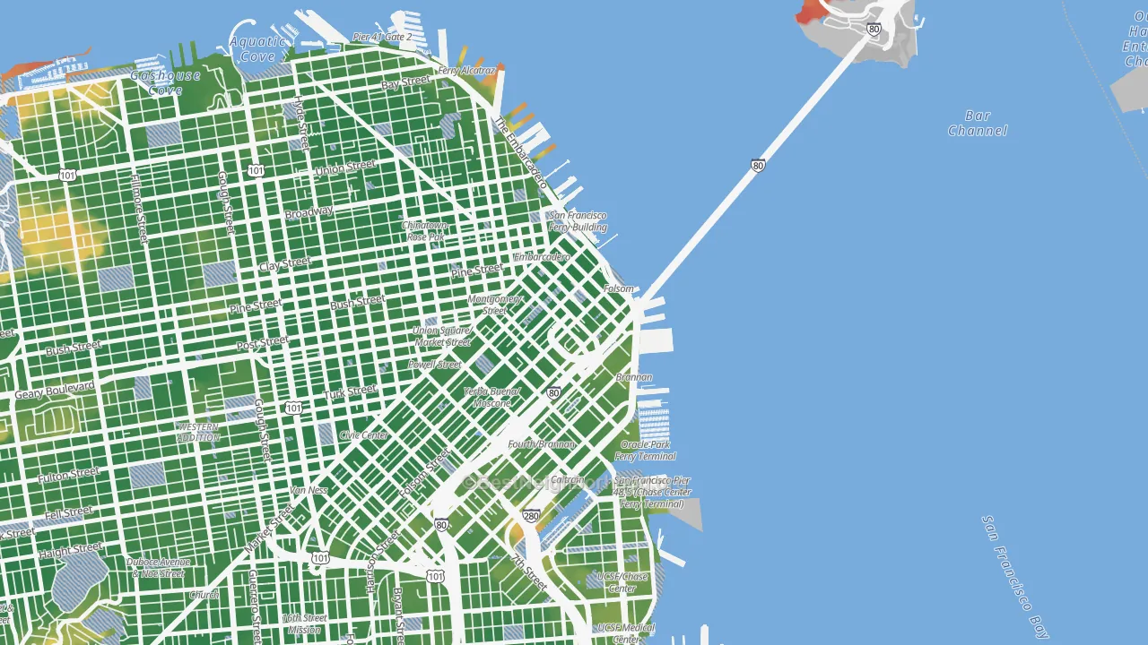 Walk Grade map of 94105, CA, walkable areas in green and car-dependent areas in red