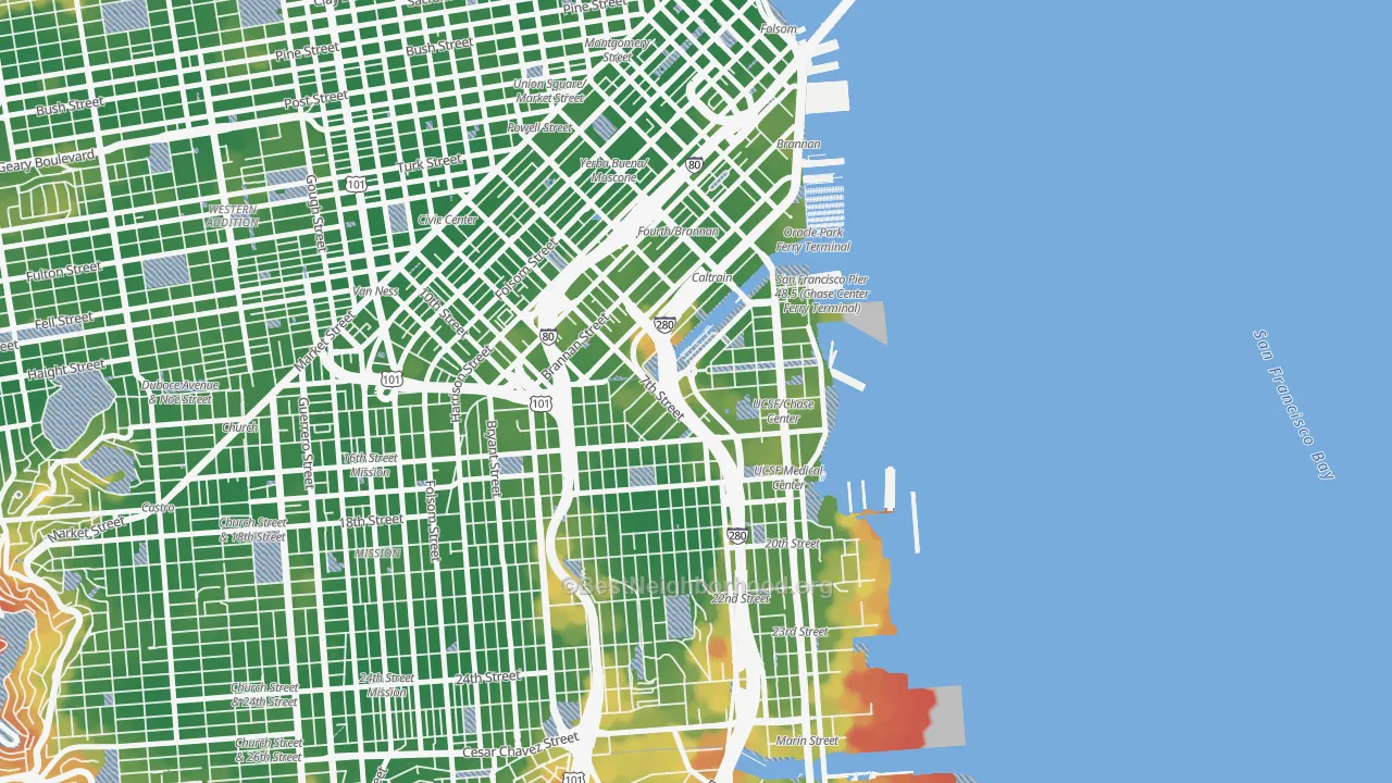 Walk Grade map of 94107, CA, walkable areas in green and car-dependent areas in red