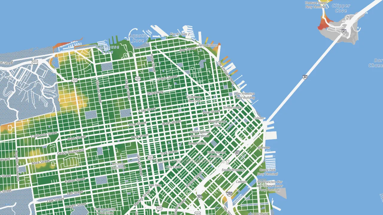 Walk Grade map of 94108, CA, walkable areas in green and car-dependent areas in red