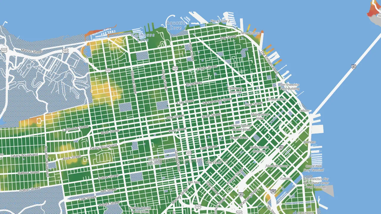 Walk Grade map of 94109, CA, walkable areas in green and car-dependent areas in red
