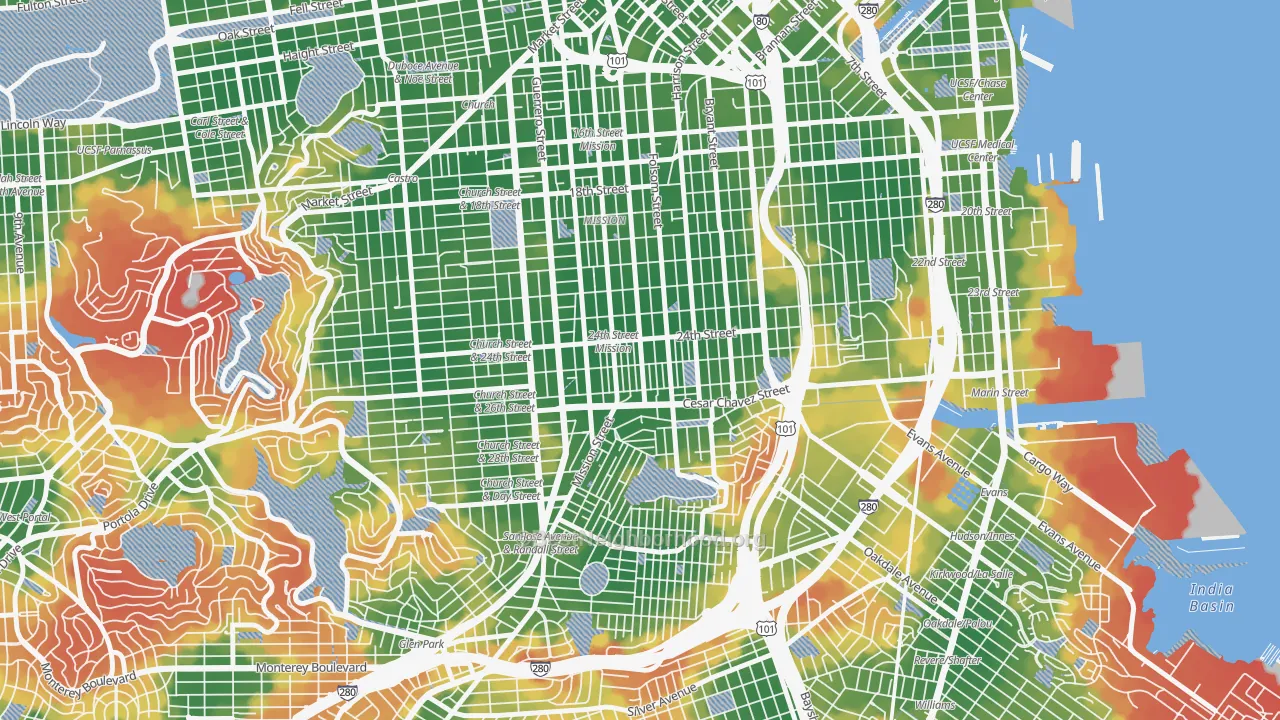 Walk Grade map of 94110, CA, walkable areas in green and car-dependent areas in red