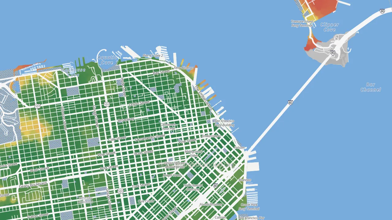 Walk Grade map of 94111, CA, walkable areas in green and car-dependent areas in red