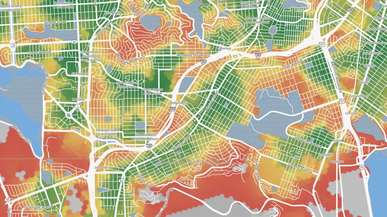 Walk Grade map of 94112, CA, walkable areas in green and car-dependent areas in red
