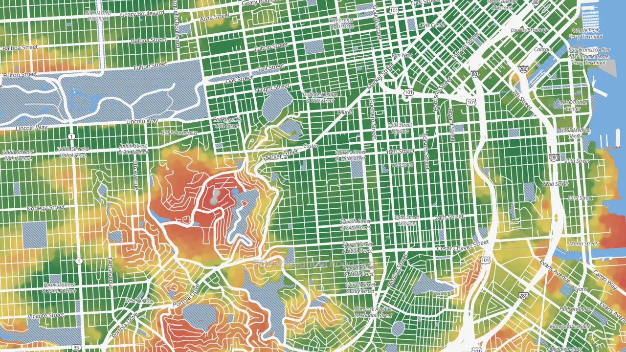 Walk Grade map of 94114, CA, walkable areas in green and car-dependent areas in red