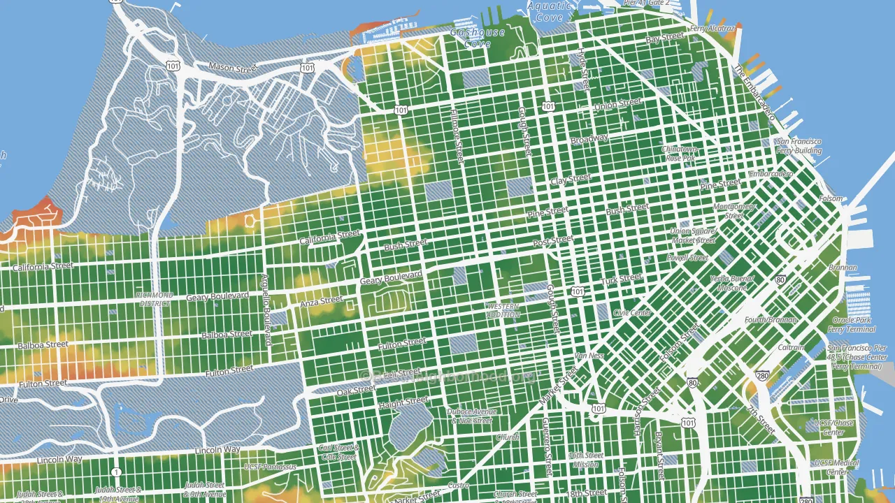 Walk Grade map of 94115, CA, walkable areas in green and car-dependent areas in red