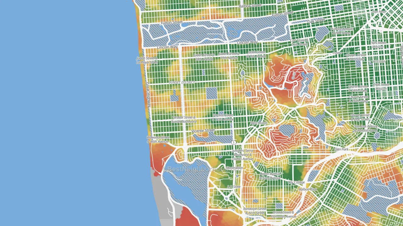 Walk Grade map of 94116, CA, walkable areas in green and car-dependent areas in red