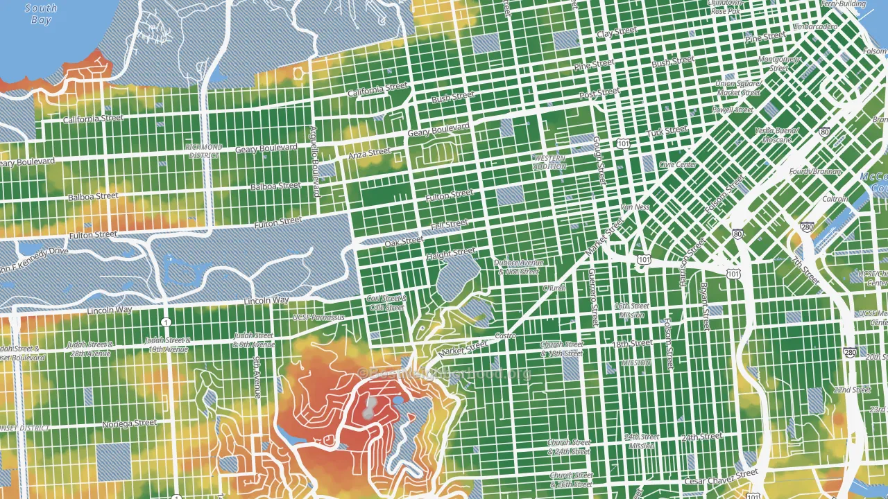 Walk Grade map of 94117, CA, walkable areas in green and car-dependent areas in red