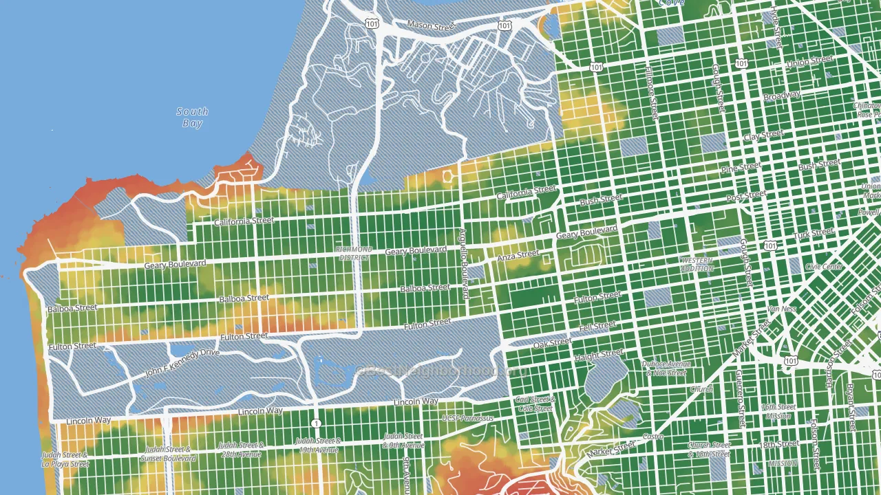 Walk Grade map of 94118, CA, walkable areas in green and car-dependent areas in red