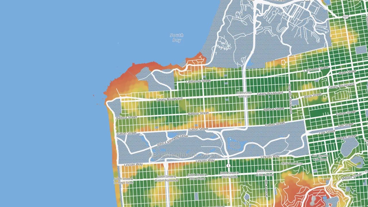 Walk Grade map of 94121, CA, walkable areas in green and car-dependent areas in red