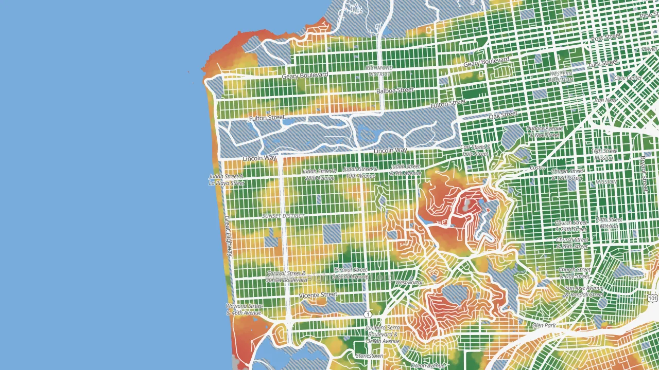 Walk Grade map of 94122, CA, walkable areas in green and car-dependent areas in red