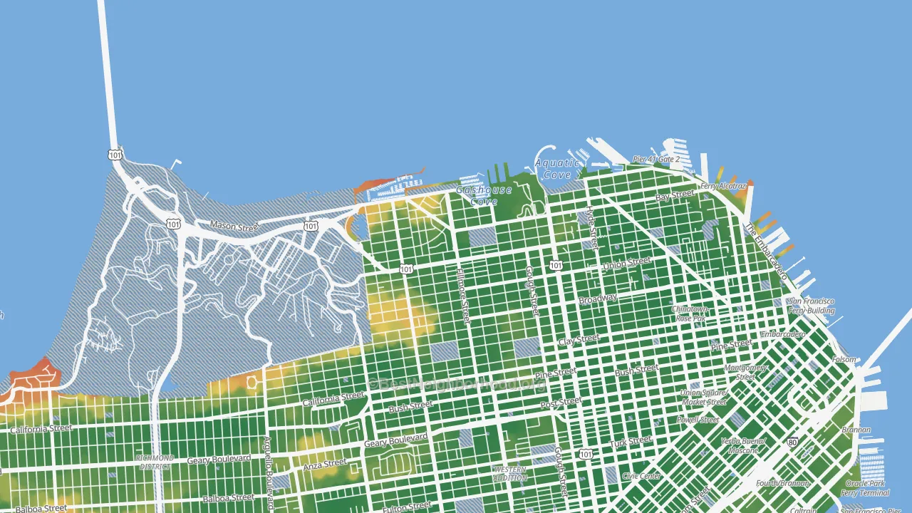 Walk Grade map of 94123, CA, walkable areas in green and car-dependent areas in red