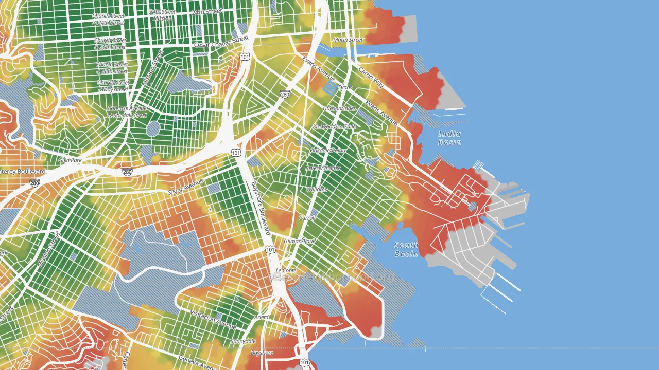 Walk Grade map of 94124, CA, walkable areas in green and car-dependent areas in red