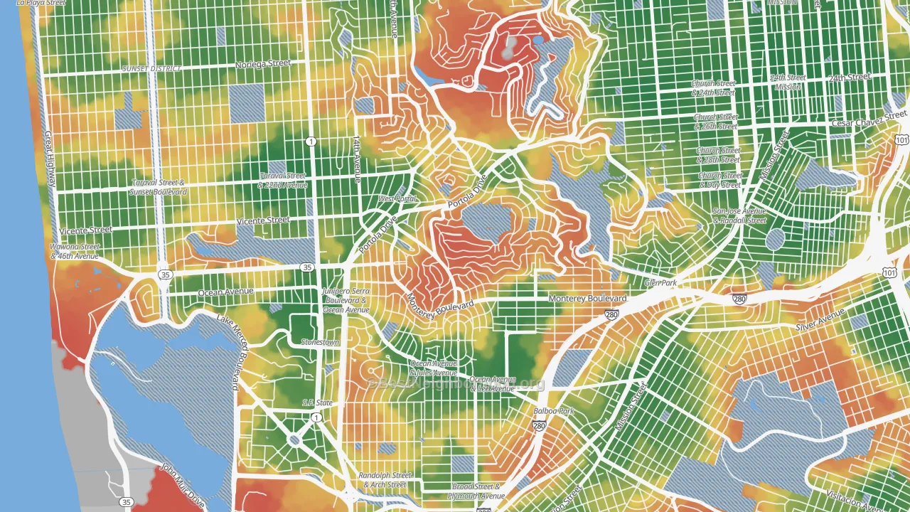 Walk Grade map of 94127, CA, walkable areas in green and car-dependent areas in red