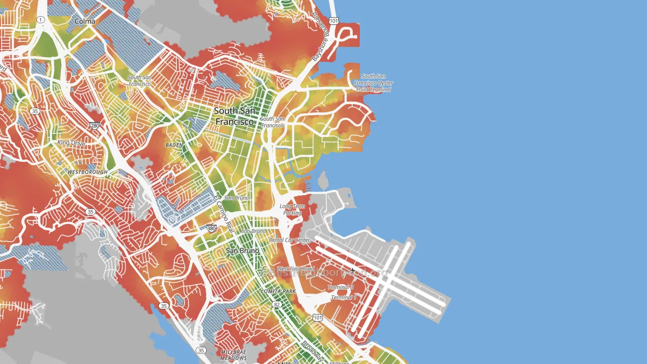 Walk Grade map of 94128, CA, walkable areas in green and car-dependent areas in red