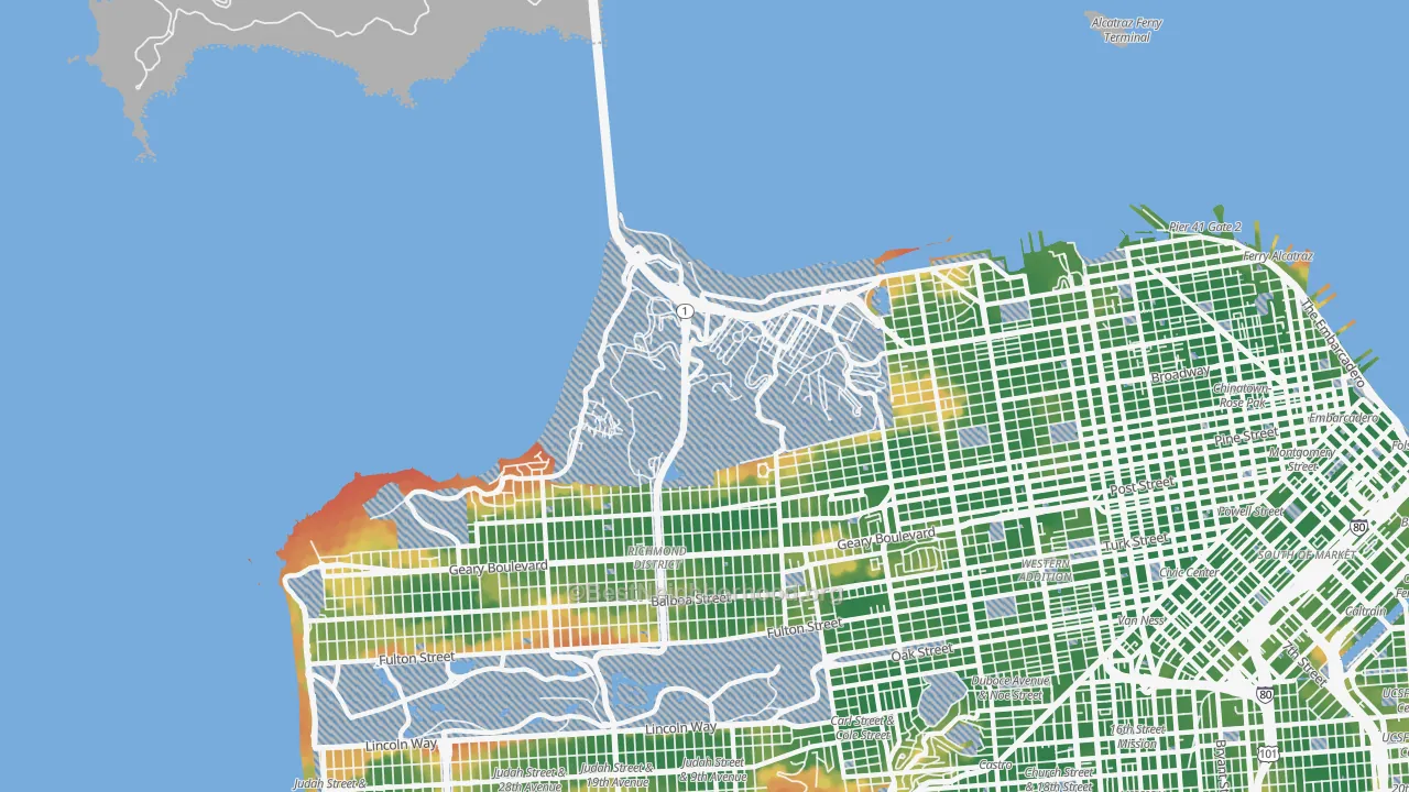 Walk Grade map of 94129, CA, walkable areas in green and car-dependent areas in red