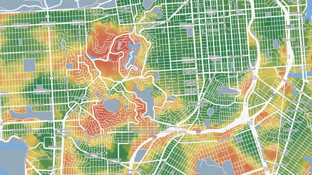 Walk Grade map of 94131, CA, walkable areas in green and car-dependent areas in red