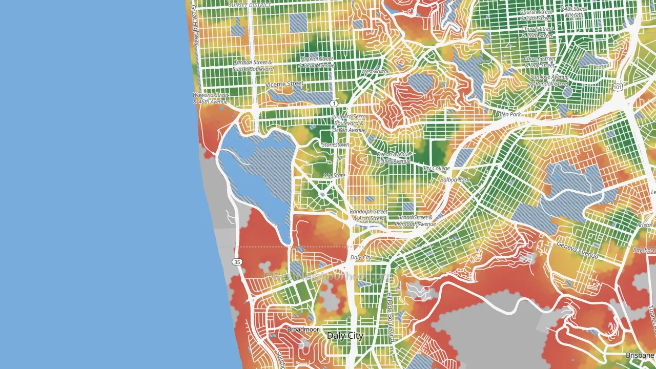 Walk Grade map of 94132, CA, walkable areas in green and car-dependent areas in red