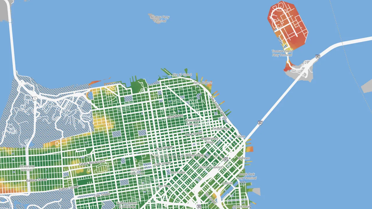 Walk Grade map of 94133, CA, walkable areas in green and car-dependent areas in red