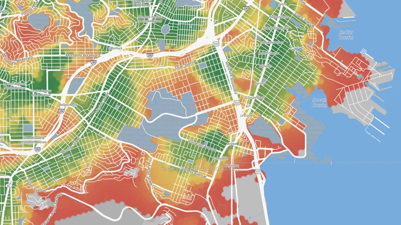 Walk Grade map of 94134, CA, walkable areas in green and car-dependent areas in red