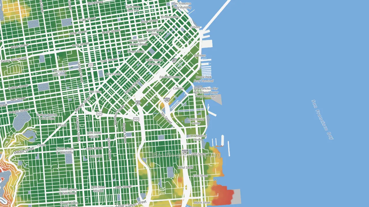 Walk Grade map of 94158, CA, walkable areas in green and car-dependent areas in red