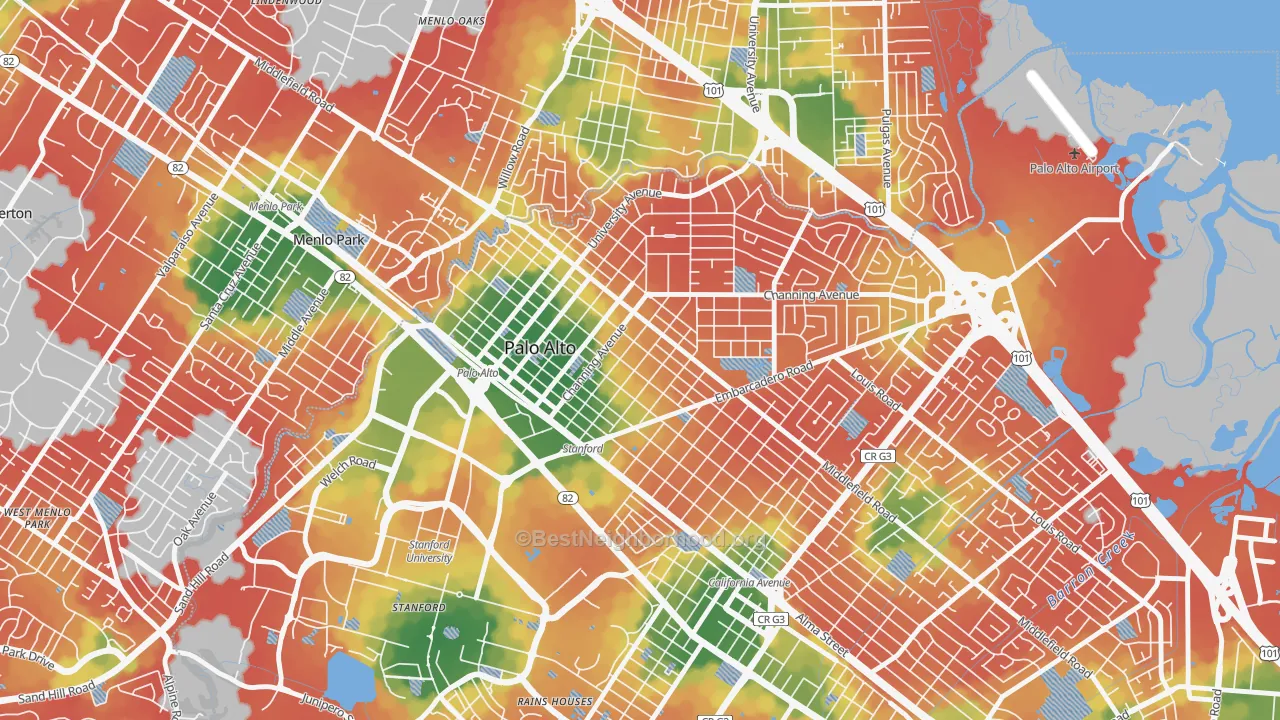 Walk Grade map of 94301, CA, walkable areas in green and car-dependent areas in red