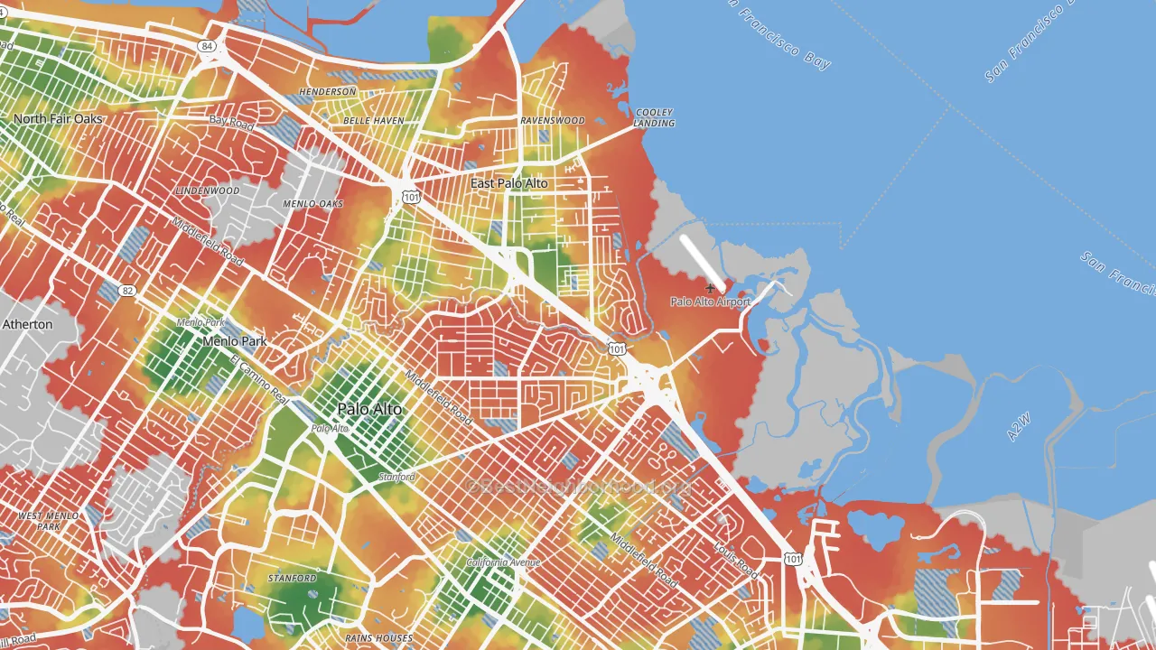 Walk Grade map of 94303, CA, walkable areas in green and car-dependent areas in red