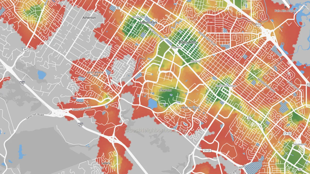 Walk Grade map of 94304, CA, walkable areas in green and car-dependent areas in red